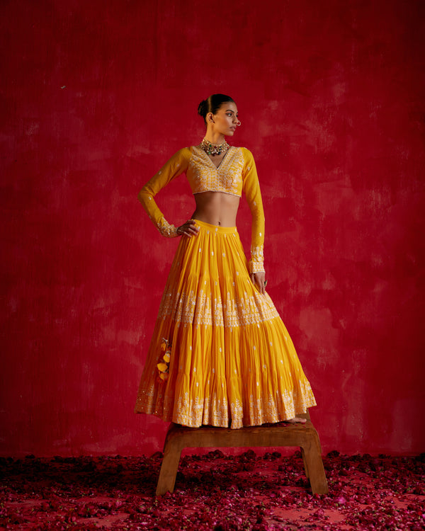 Mango Lotus Lehenga with Embroidered Dupatta