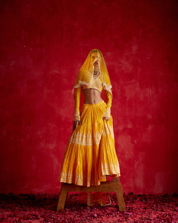 Mango Lotus Lehenga with Embroidered Dupatta