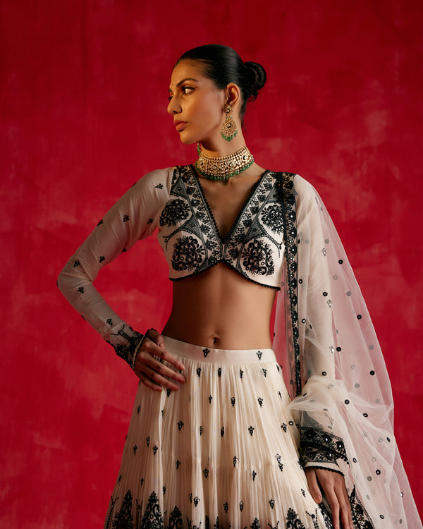 V Neck Black & White Tower Lehenga with Embroidered Dupatta