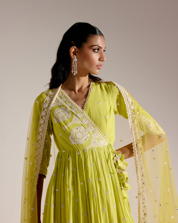 Neon Green Tower Angrakha With Embroidered Dupatta