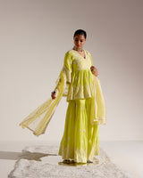 Neon Green all-over Ambi Embroidered Peplum Sharara with Dupatta