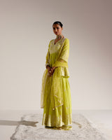 Neon Green all-over Ambi Embroidered Peplum Sharara with Dupatta