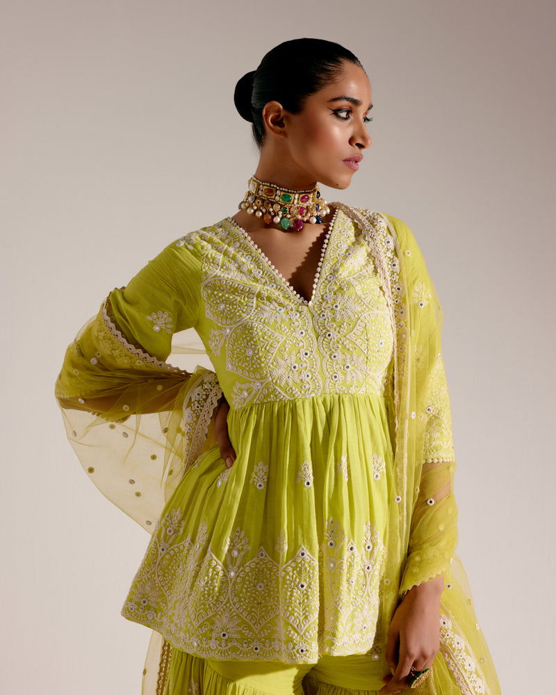 Neon Green all-over Ambi Embroidered Peplum Sharara with Dupatta