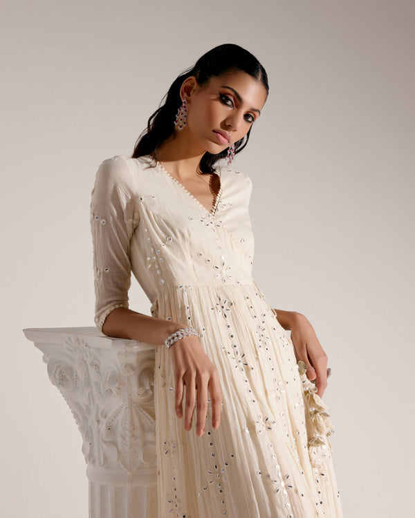 Off White Big Flower Angrakha With Embroidered Dupatta