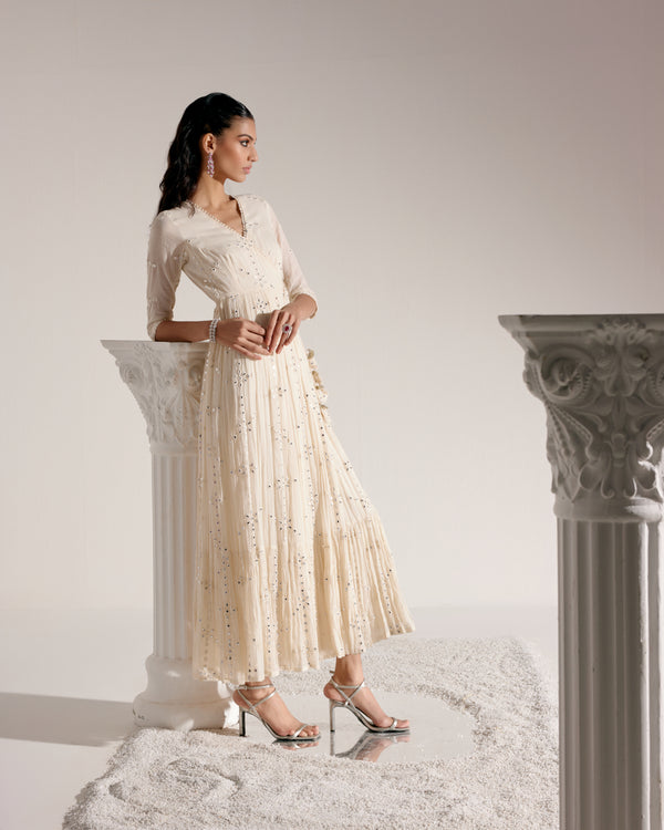 Off White Big Flower Angrakha With Embroidered Dupatta