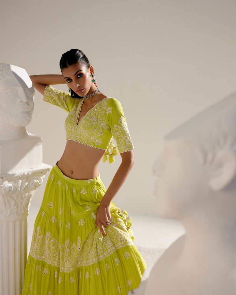 Neon Green Ambi Lehenga with Embroidered Dupatta