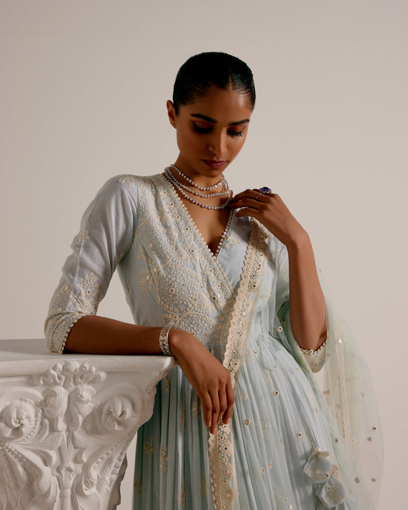 Ice Blue Ambi Angrakha With Embroidered Dupatta