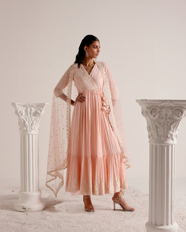 Blush Pink Tower Angrakha With Embroidered Dupatta