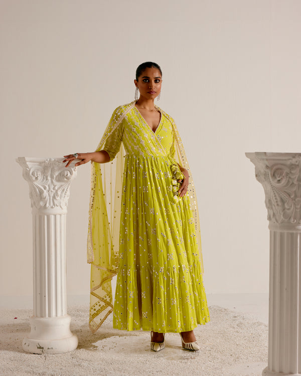 Neon Green SK BK Angrakha With Embroidered Dupatta