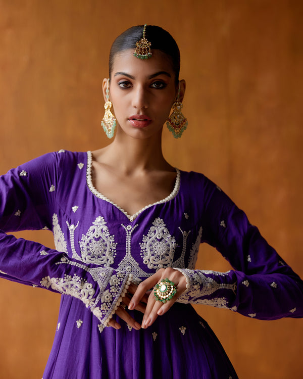 Purple Tower Anarkali With Embroidered Dupatta