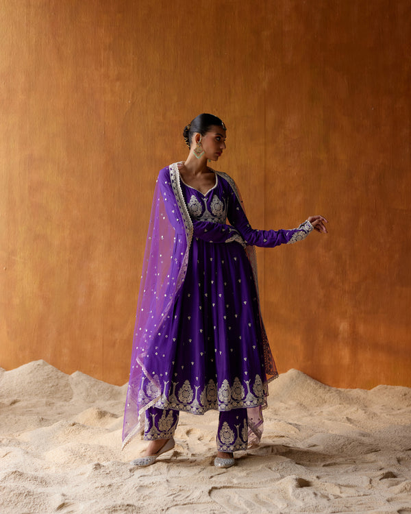 Purple Tower Anarkali With Embroidered Dupatta