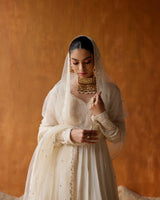 Off White Tower Anarkali With Embroidered Dupatta