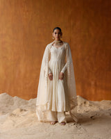 Off White Tower Anarkali With Embroidered Dupatta
