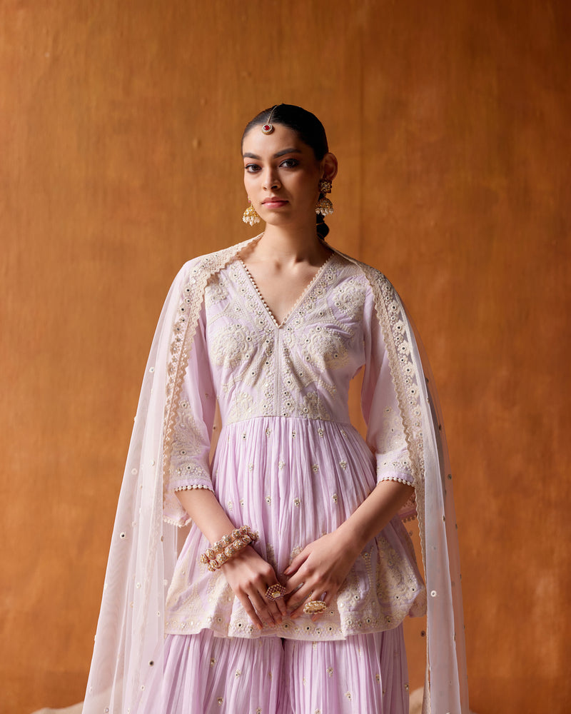 Lavender all-over Embroidered Tower Peplum Sharara with Dupatta
