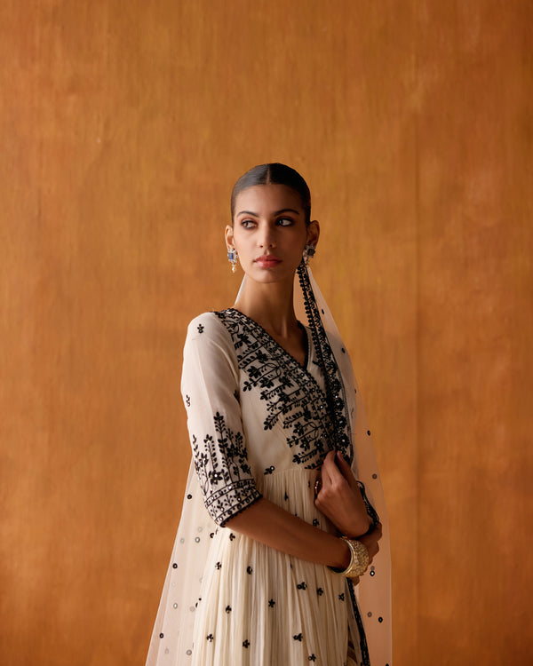 Black & White Lotus Angrakha With Embroidered Dupatta