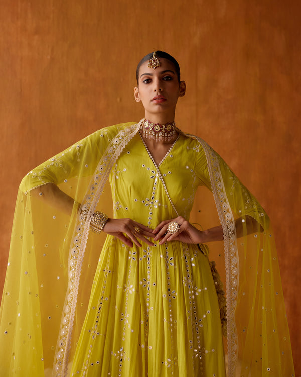 Neon Green Big Flower Angrakha With Embroidered Dupatta