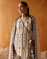 Black & White Criss-Cross Peplum Sharara with Line Embroidered Dupatta