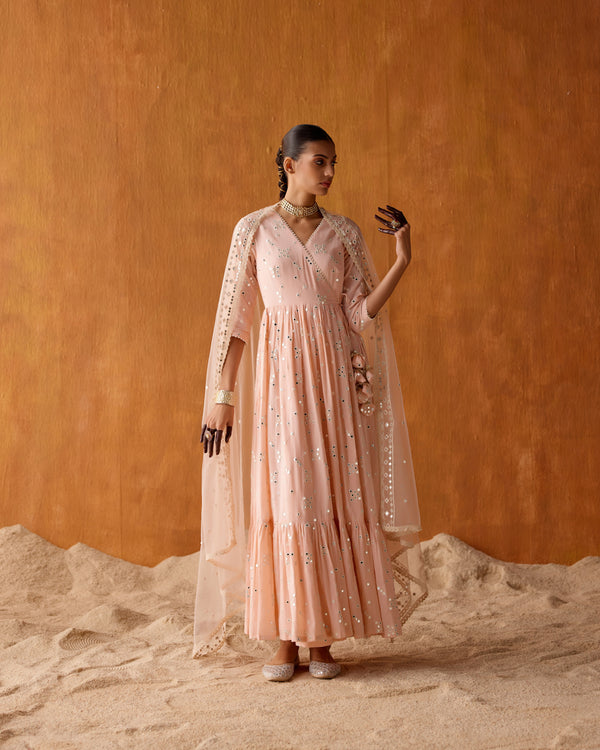 Blush Pink Big Kite Angrakha With Embroidered Dupatta