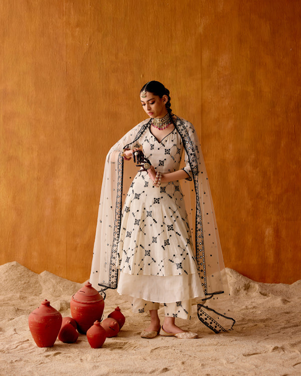 Black & White Big Flower Anarkali With Embroidered Dupatta