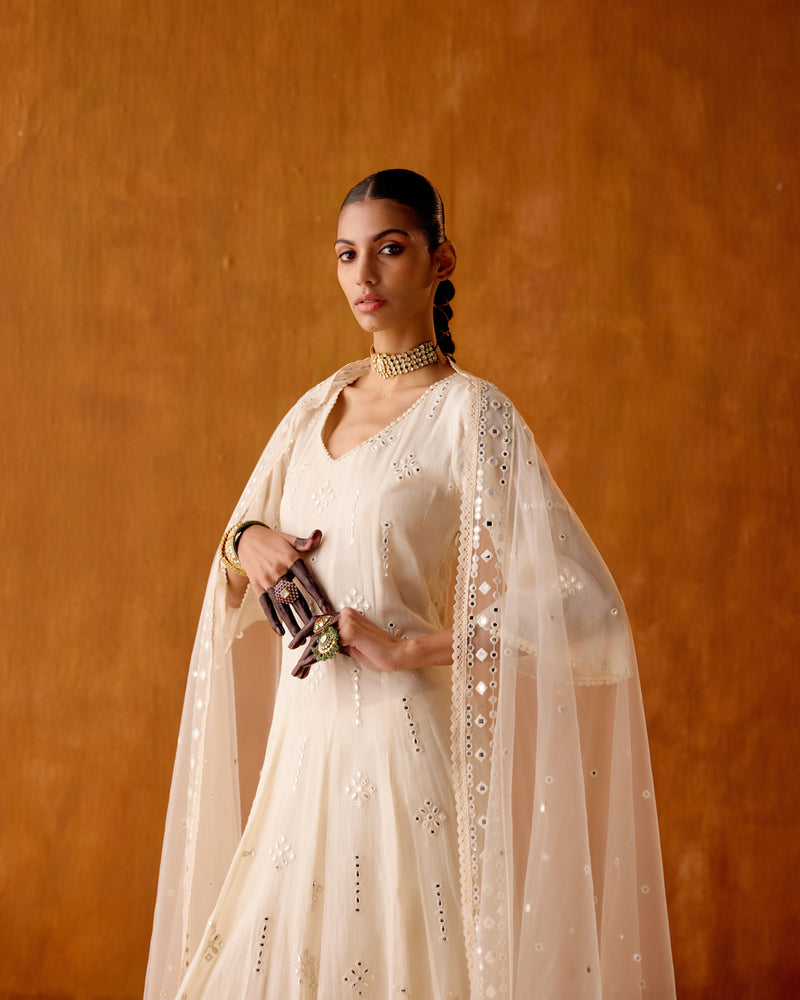 Off White Center Square Anarkali With Embroidered Dupatta