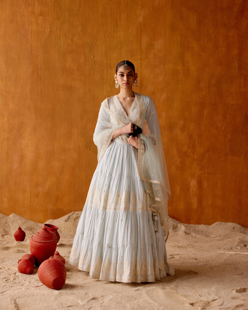 Ice Blue Tower Lehenga with Embroidered Dupatta