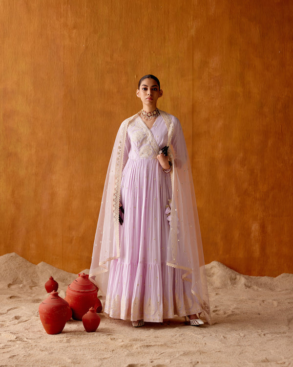 Lavender Tower Angrakha With Embroidered Dupatta