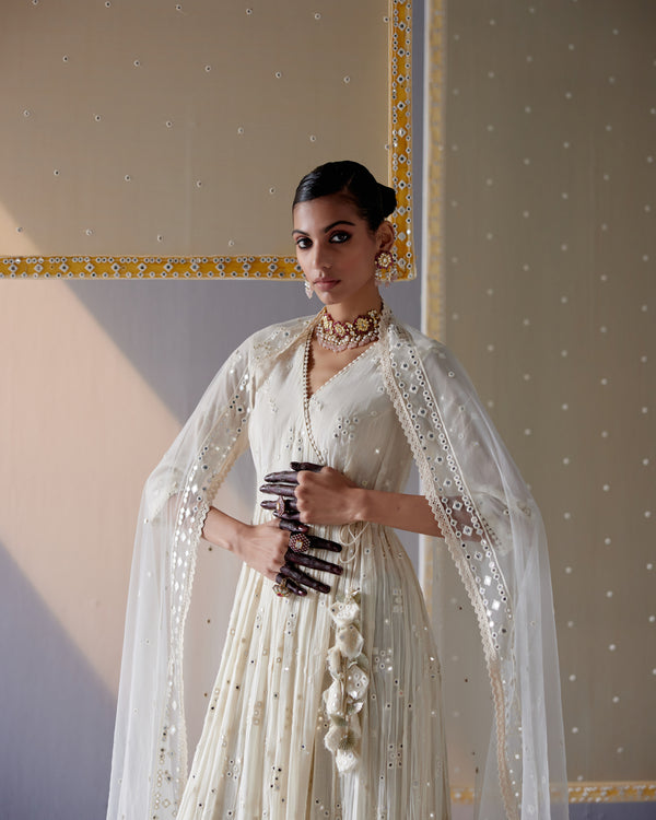 Off White Big Kite Angrakha With Embroidered Dupatta