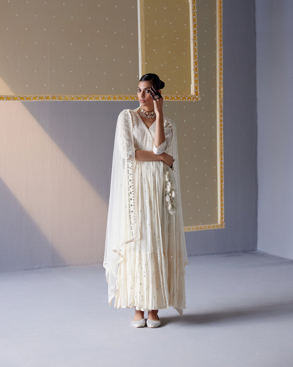 Off White Big Kite Angrakha With Embroidered Dupatta