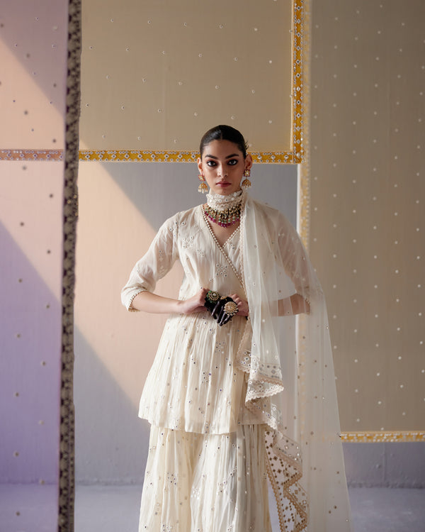 Off-White Big Kite Peplum Sharara with Line Embroidered Dupatta