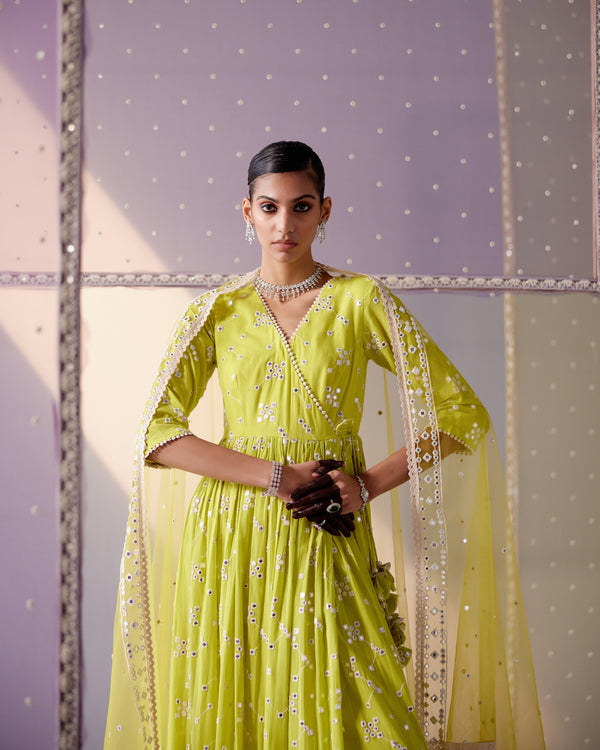 Neon Green Big Kite Angrakha With Embroidered Dupatta