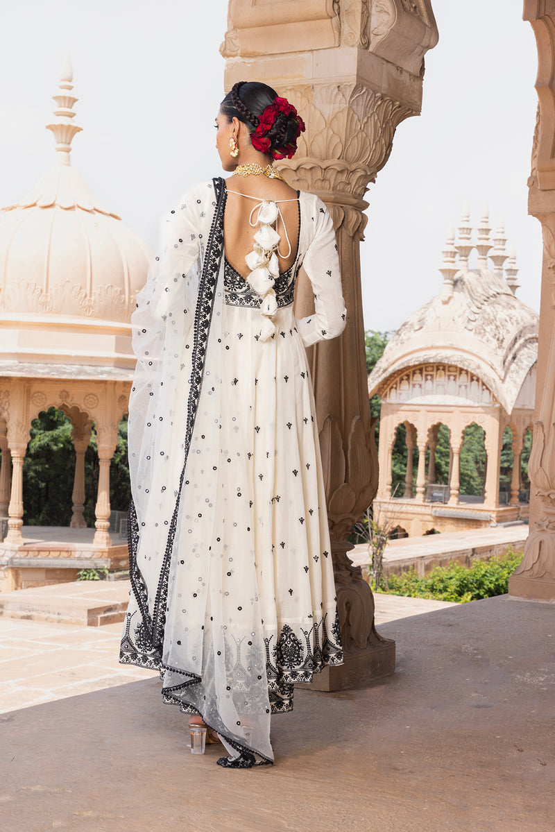 Black & White Tower Anarkali With Embroidered Dupatta