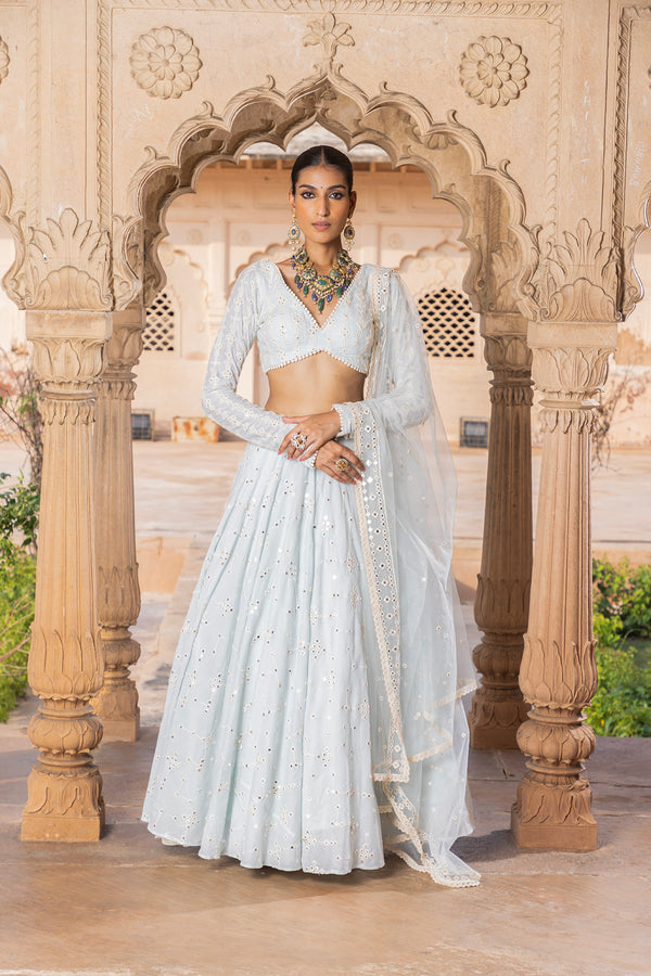 Ice Blue SK-BK Lehenga with Embroidered Dupatta