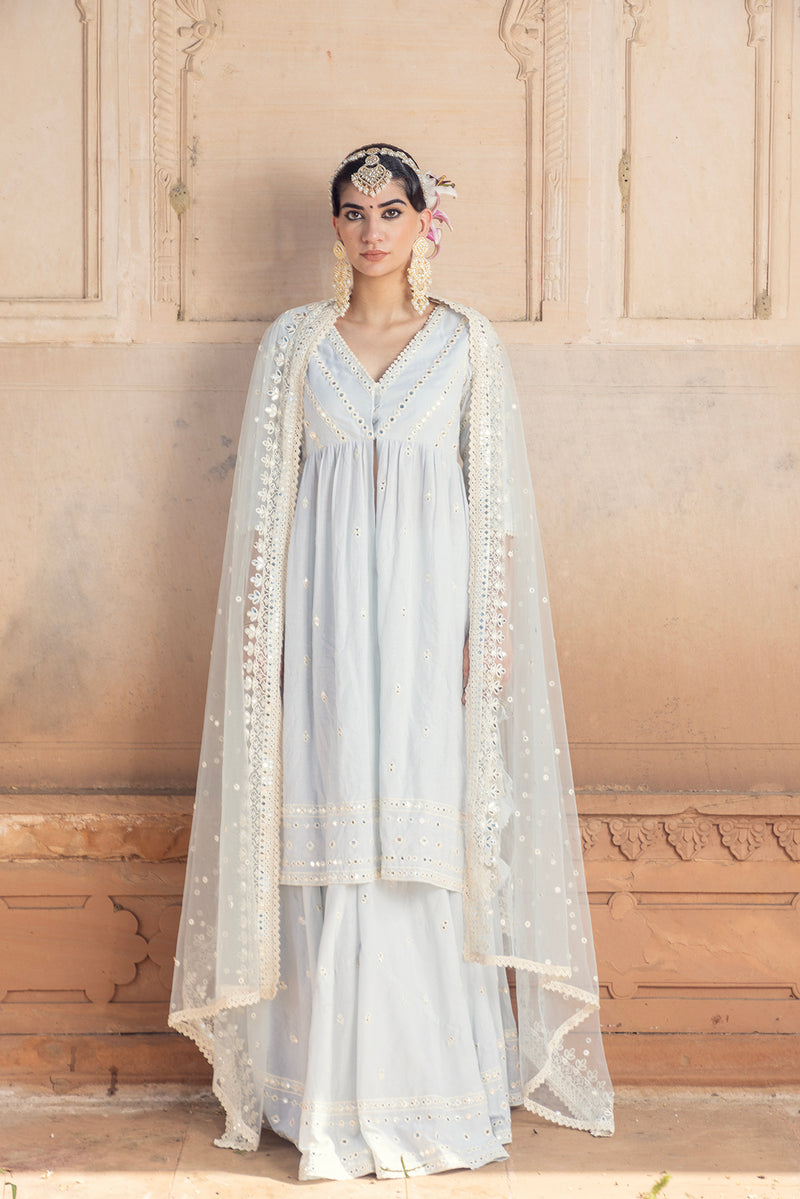 Ice Blue Three Line Embroidered Kurta with Lehenga and Embroidered Dupatta