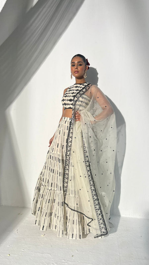 Black & White SK-3D Lehenga with Embroidered Dupatta