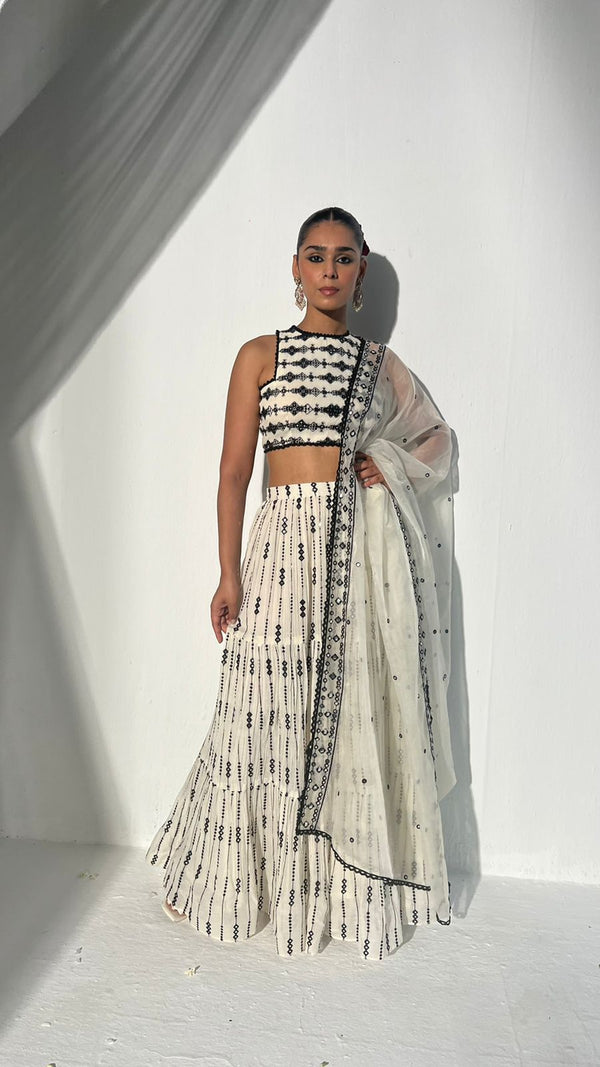 Black & White SK-3D Lehenga with Embroidered Dupatta