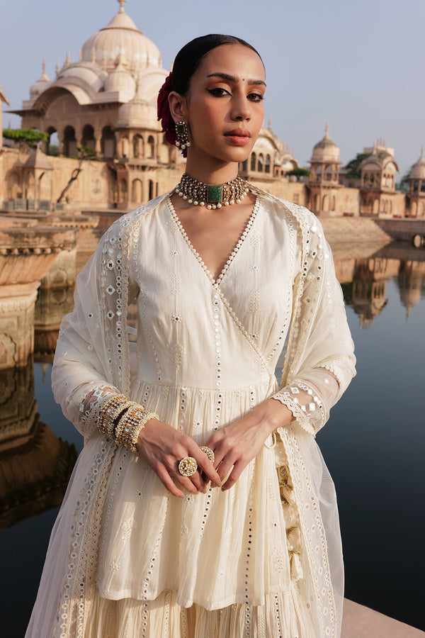 Off-White Criss-Cross Peplum Sharara with Line Embroidered Dupatta