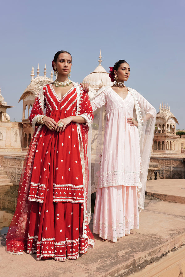 Red Three Line Embroidered Kurta with Lehenga and Embroidered Dupatta