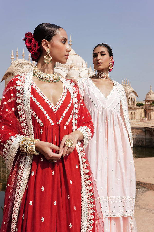 Red Three Line Embroidered Kurta with Lehenga and Embroidered Dupatta