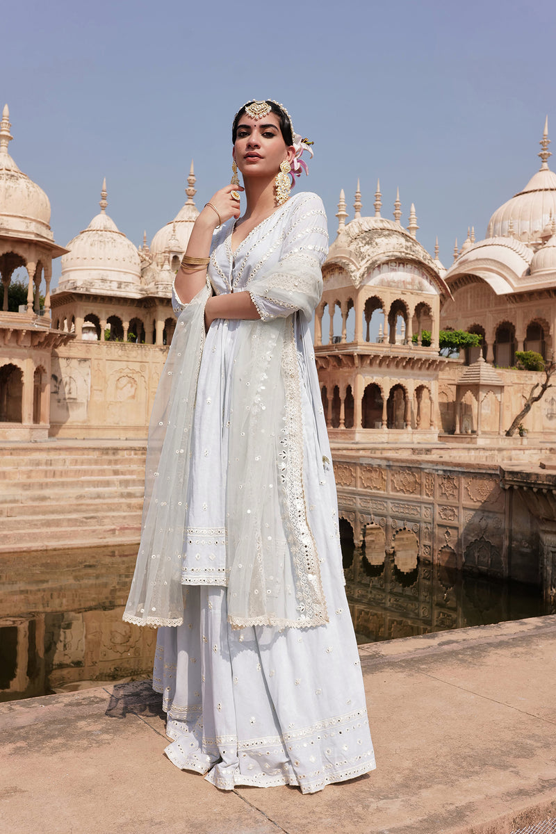 Ice Blue Three Line Embroidered Kurta with Lehenga and Embroidered Dupatta