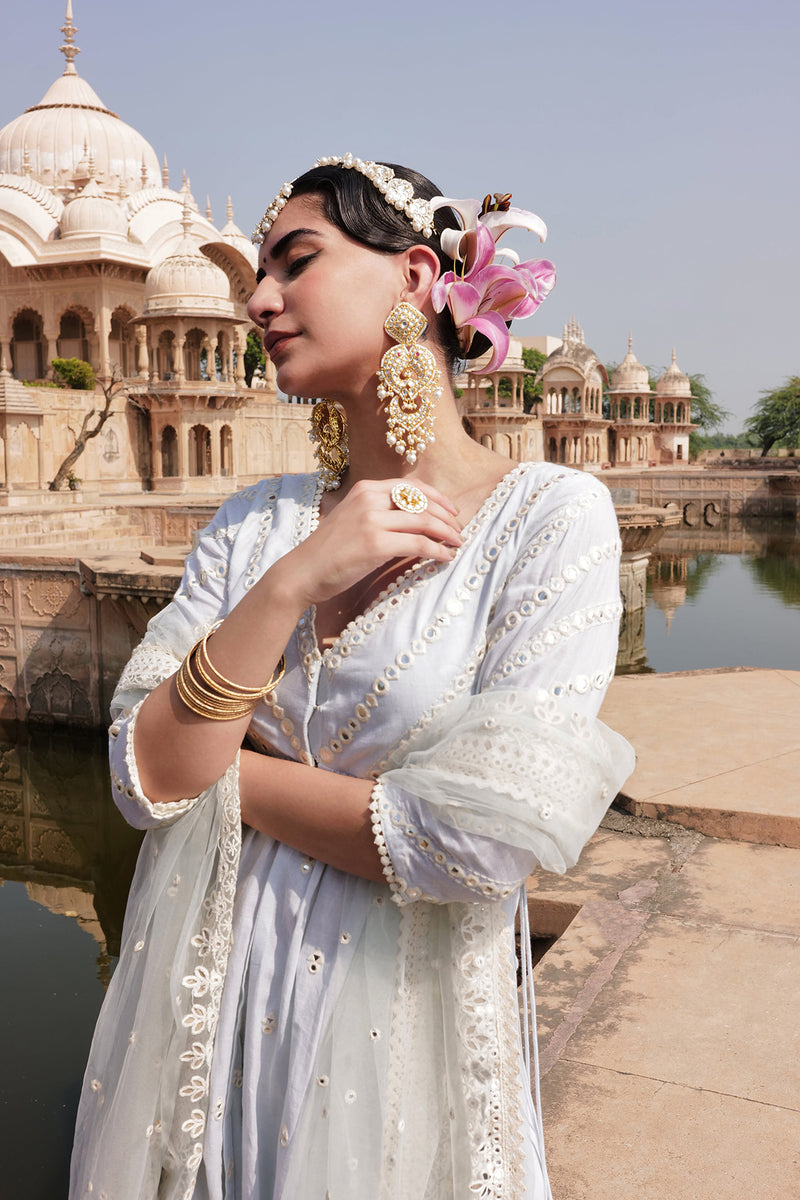 Ice Blue Three Line Embroidered Kurta with Lehenga and Embroidered Dupatta