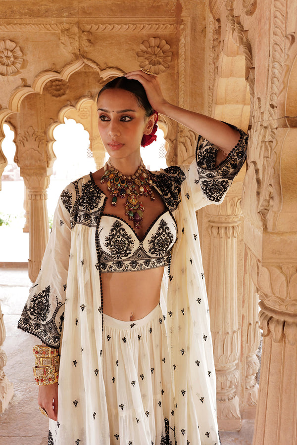 Black & White Tower Lehenga with Embroidered Jacket