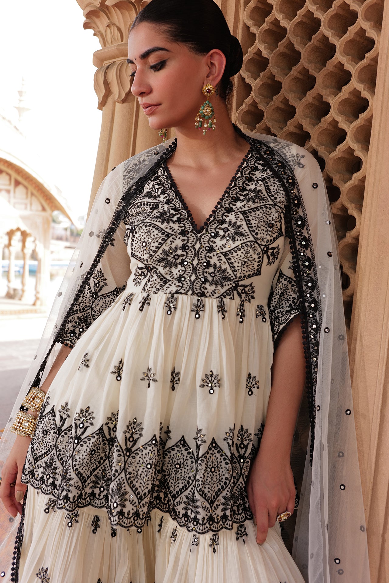 Black & White all-over Ambi Embroidered Peplum Sharara with Dupatta ...