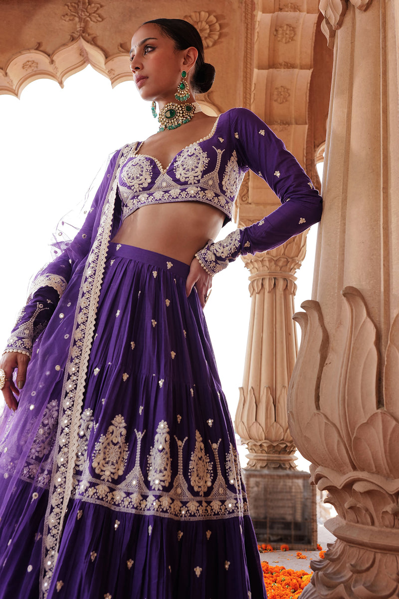 Purple Tower Lehenga with Embroidered Dupatta