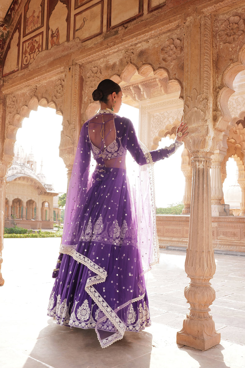 Purple Tower Lehenga with Embroidered Dupatta