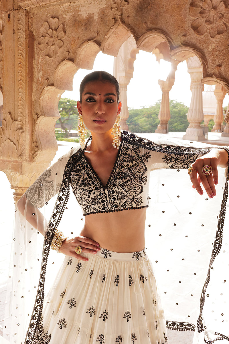 Black & White Ambi Lehenga with Embroidered Dupatta