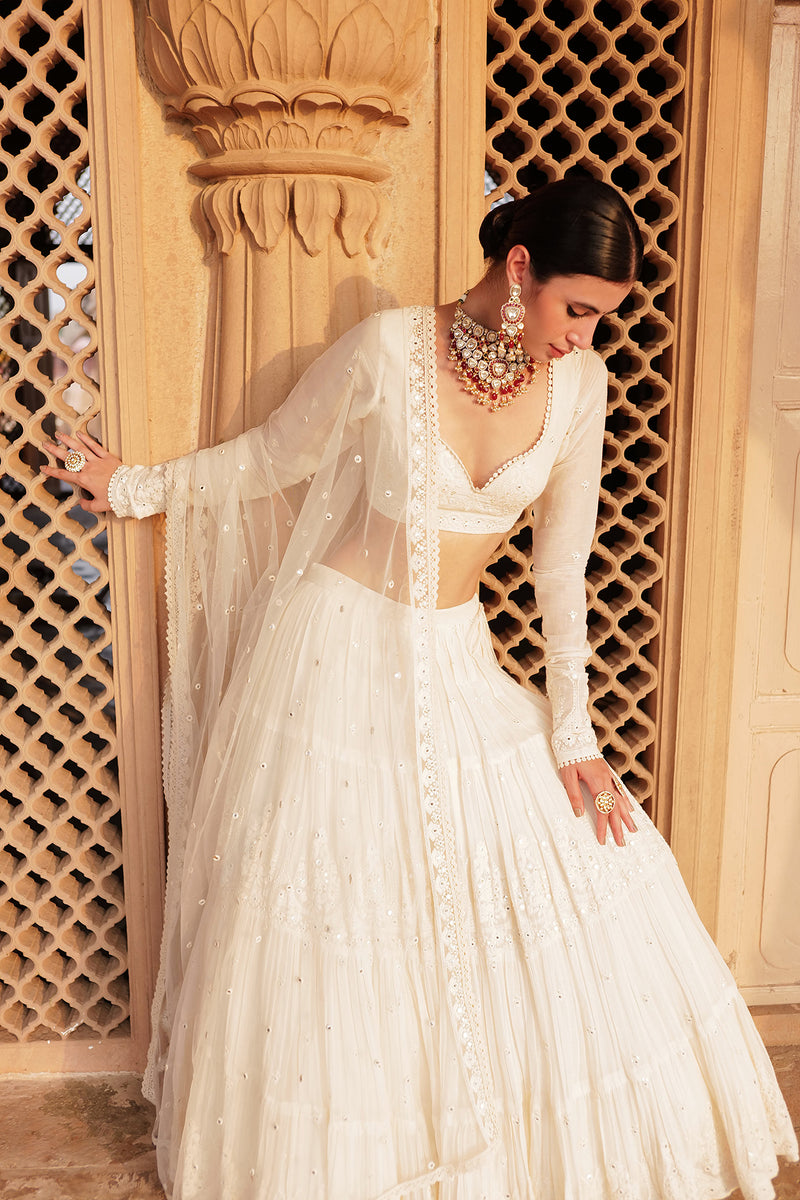 Off White Tower Lehenga with Embroidered Dupatta