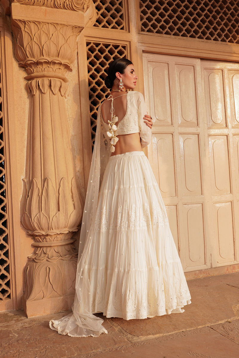 Off White Tower Lehenga with Embroidered Dupatta