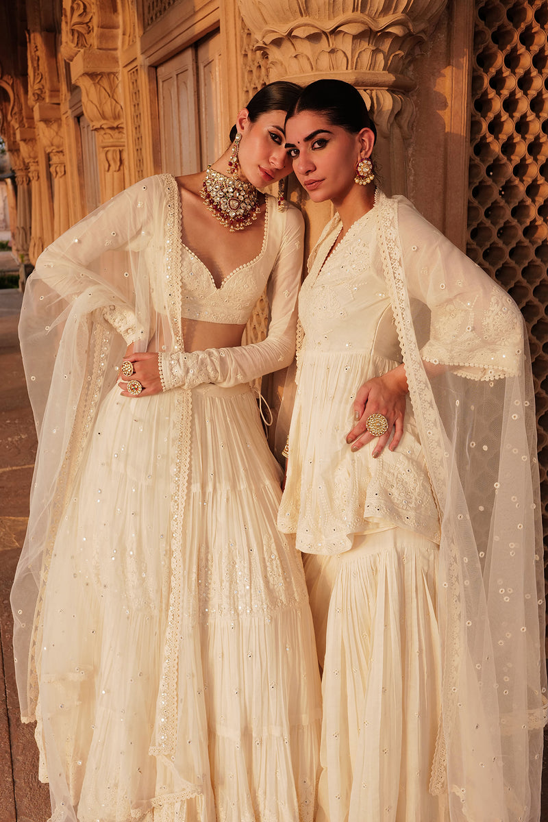 Off White Tower Lehenga with Embroidered Dupatta