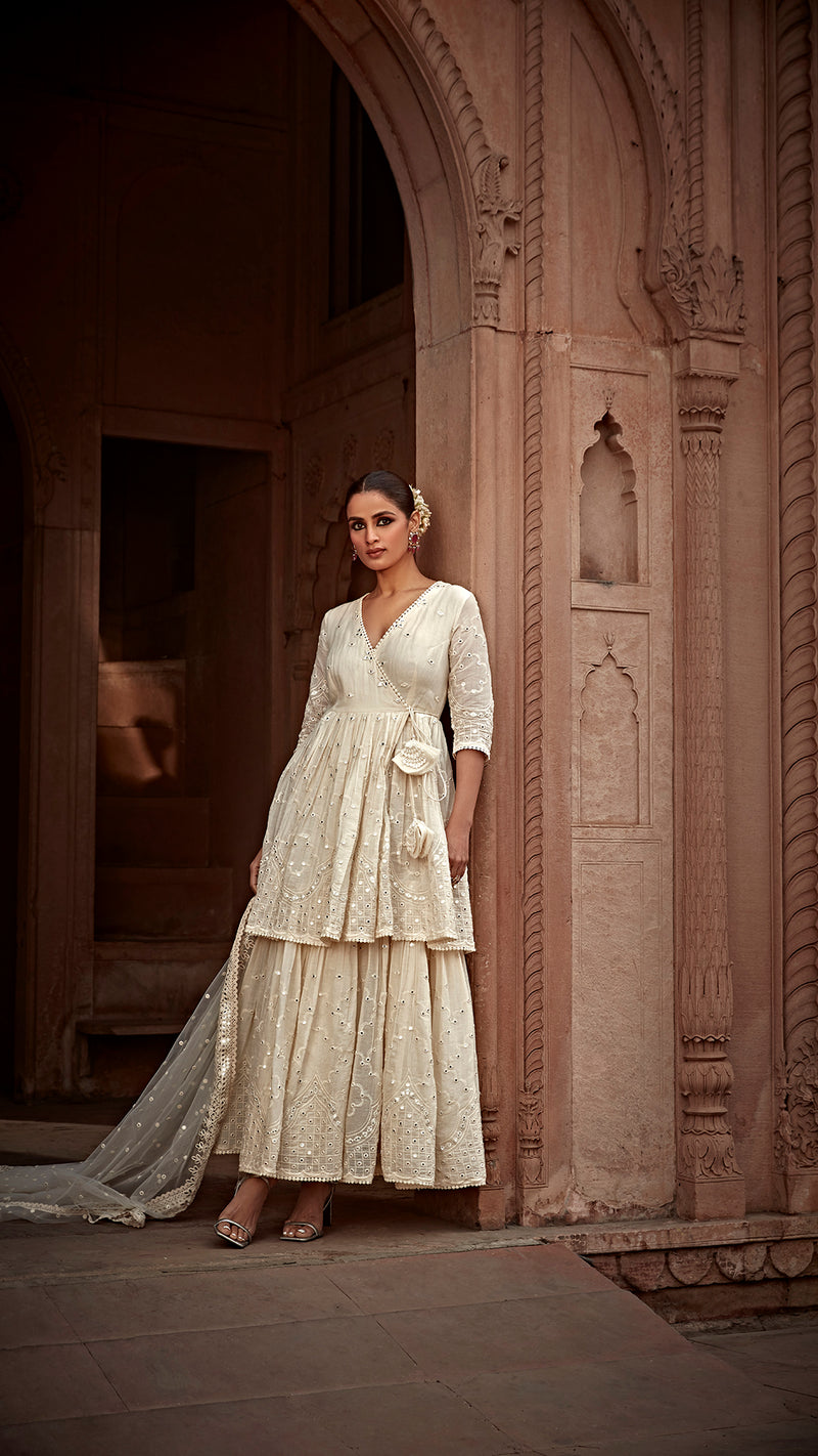 Off White Double Layer All Over Barfi Embroided Angrakha