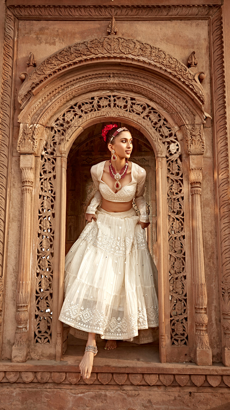 Off White Diamond Lehenga with Embroidered Dupatta